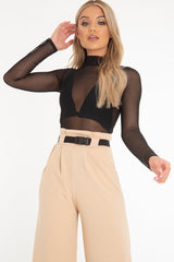 Black Mesh High Neck Long Sleeve Bodysuit - Kimora-Bodysuits