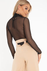 Black Mesh High Neck Long Sleeve Bodysuit - Kimora-Bodysuits