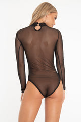 Black Mesh High Neck Long Sleeve Bodysuit - Kimora-Bodysuits