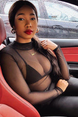 Black Mesh High Neck Long Sleeve Bodysuit - Kimora-Bodysuits