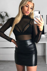 Black Mesh High Neck Long Sleeve Bodysuit - Kimora-Bodysuits