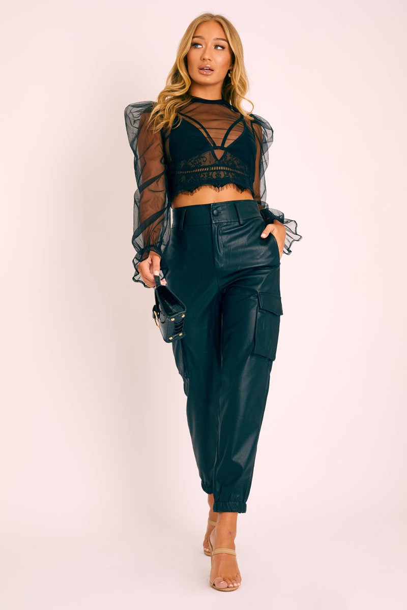 Black Mesh High Neck Open Back Blouse - Anthea-Blouse