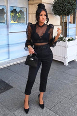 Black Mesh High Neck Open Back Blouse - Anthea-Blouse