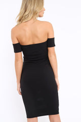 Black Mesh Insert Bardot Bodycon Dress - Camila-Dresses