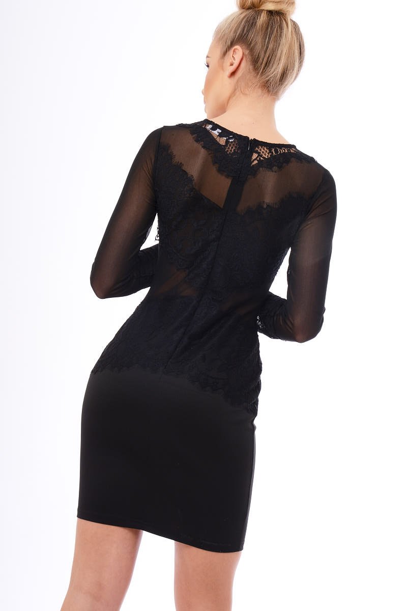 Black Mesh Lace Overlay Detail Midi Dress - Darcey-Dresses