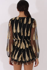 Black Mesh Layer Feather Playsuit - Miranda-Playsuits