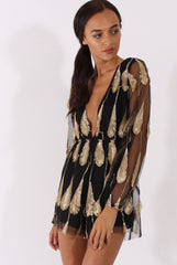 Black Mesh Layer Feather Playsuit - Miranda-Playsuits