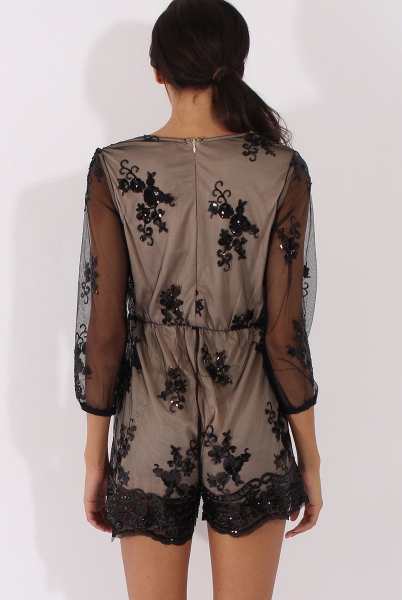 Black Mesh Layer Sequin Playsuit - Rowan-Playsuits