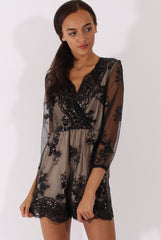 Black Mesh Layer Sequin Playsuit - Rowan-Playsuits