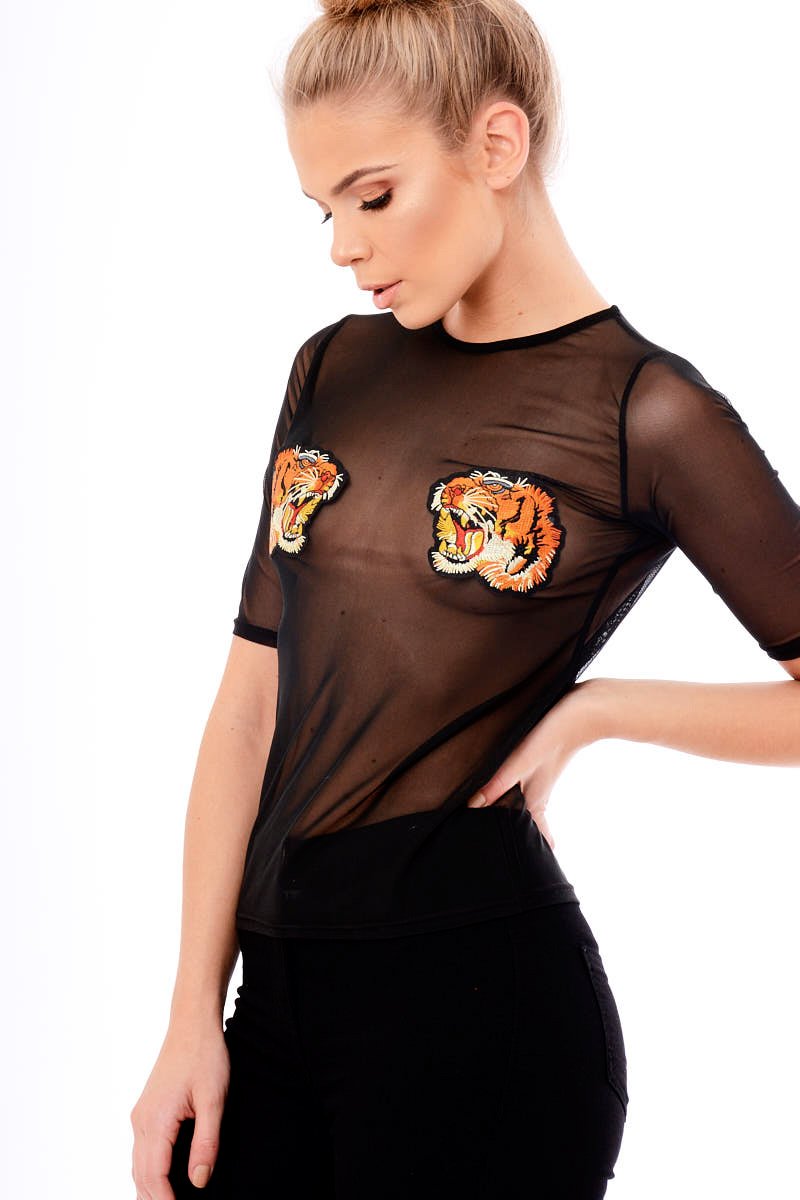Black Mesh Lion Embroidered Top - Kourtney-Tops