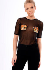 Black Mesh Lion Embroidered Top - Kourtney-Tops