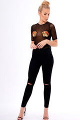 Black Mesh Lion Embroidered Top - Kourtney-Tops