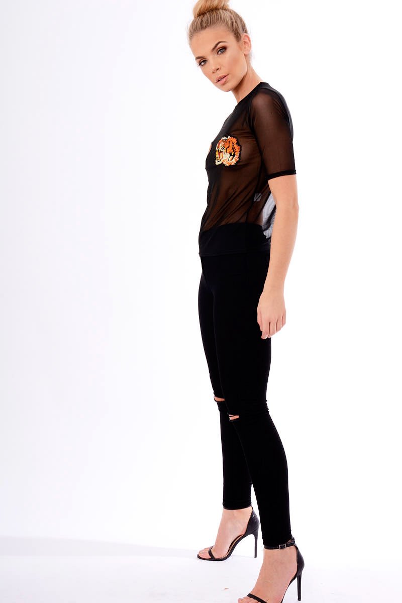 Black Mesh Lion Embroidered Top - Kourtney-Tops