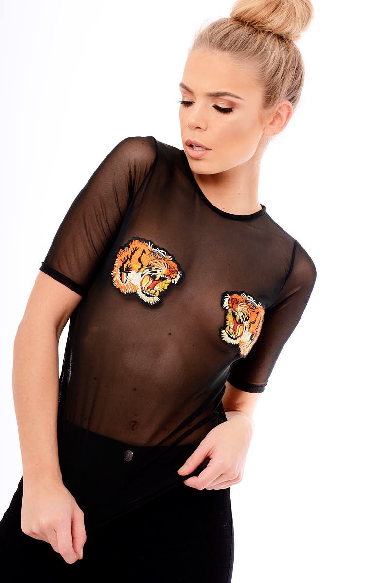 Black Mesh Lion Embroidered Top - Kourtney-Tops