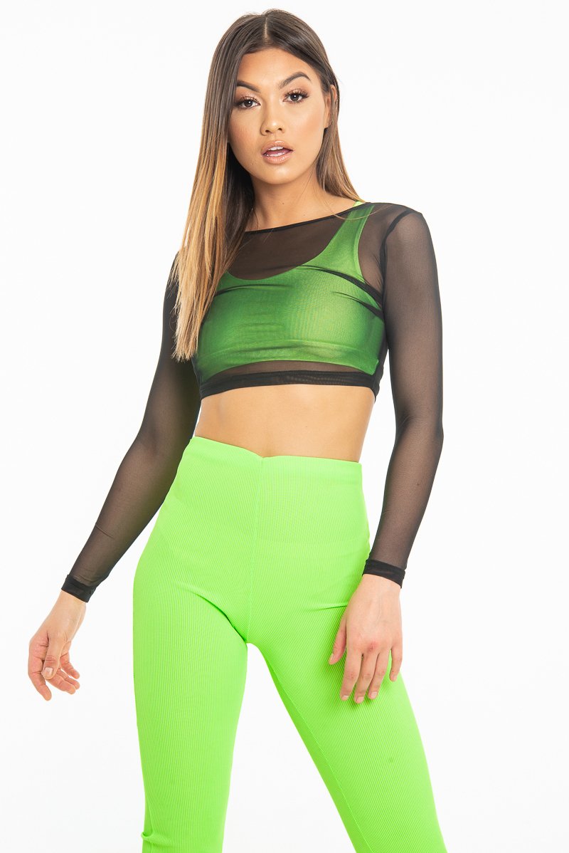 Black Mesh Long Sleeve Crop Top - Presley-Crop Tops