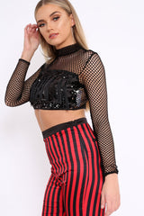Black Mesh Long Sleeve Crop Top With Sequin And Tassel Detailing - Elyssia-Crop Tops