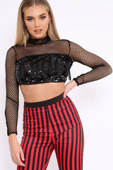 Black Mesh Long Sleeve Crop Top With Sequin And Tassel Detailing - Elyssia-Crop Tops