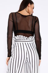 Black Mesh Long Sleeved Bodysuit - Alesa-Bodysuits