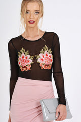 Black Mesh Long Sleeved Embroidered Bodysuit - Bonnie-Bodysuits