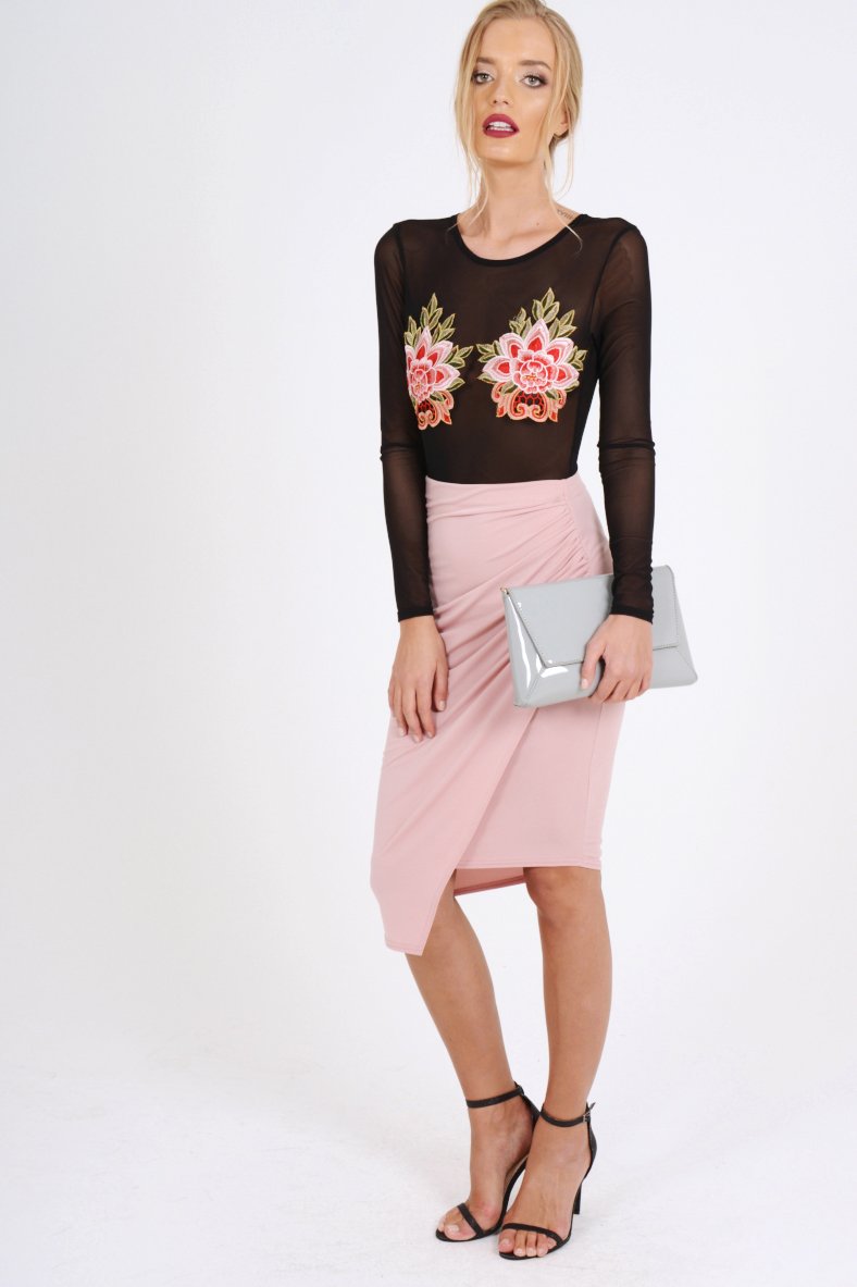 Black Mesh Long Sleeved Embroidered Bodysuit - Bonnie-Bodysuits