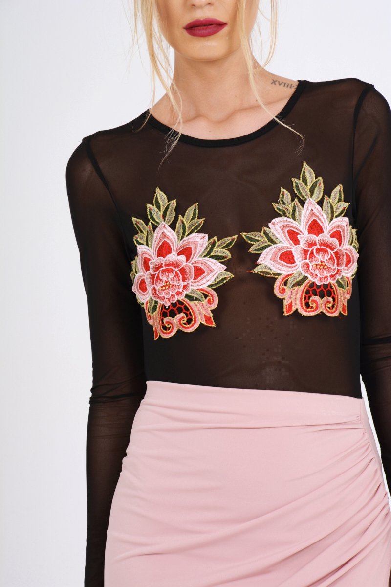 Black Mesh Long Sleeved Embroidered Bodysuit - Bonnie-Bodysuits