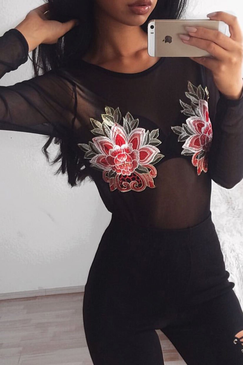 Black Mesh Long Sleeved Embroidered Bodysuit - Bonnie-Bodysuits