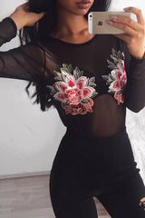 Black Mesh Long Sleeved Embroidered Bodysuit - Bonnie-Bodysuits