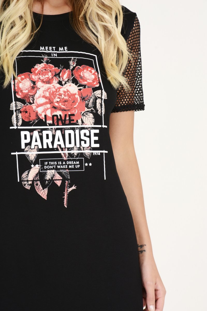 Black Mesh Love Paradise Slogan T-shirt Dress - Sally-Dresses