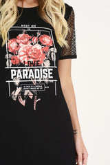 Black Mesh Love Paradise Slogan T-shirt Dress - Sally-Dresses
