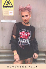Black Mesh Love Paradise Slogan T-shirt Dress - Sally-Dresses