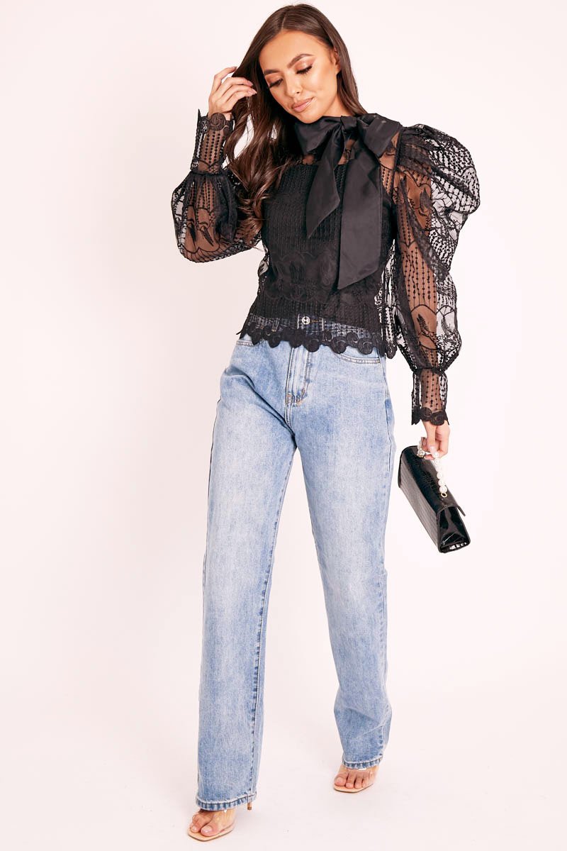 Black Mesh Ornate Embroidery Neck Tie Blouse Top - Tamzen-Blouse