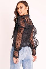 Black Mesh Ornate Embroidery Neck Tie Blouse Top - Tamzen-Blouse