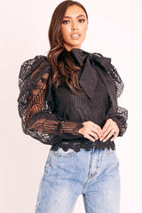 Black Mesh Ornate Embroidery Neck Tie Blouse Top - Tamzen-Blouse
