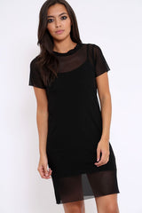 Black Mesh Overlay T-Shirt Dress - Selena-Dresses
