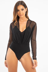 Black Mesh Plunge Front Bodysuit with Lining - Frayer-Bodysuits