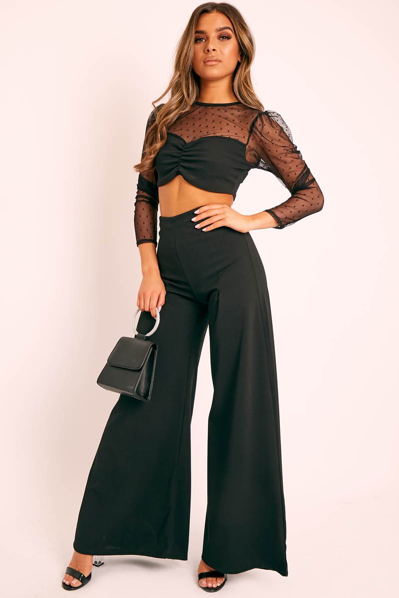 Black Mesh Polka Bandeau Crop Top - Gisele-Crop Tops