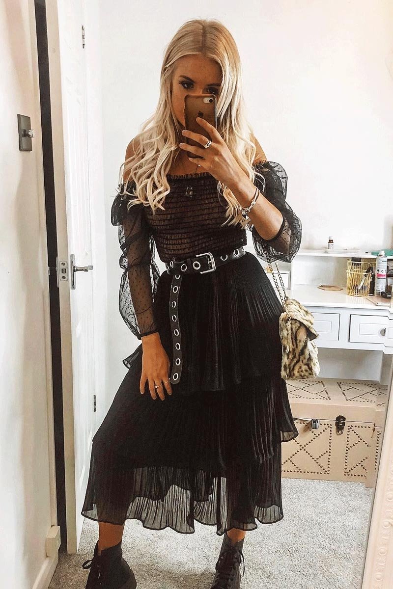 Black Mesh Polka Shirred Crop Top - Soliana-Crop Tops