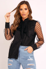 Black Mesh Polka Tie Detail Shirt - Vylette-Shirts