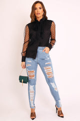 Black Mesh Polka Tie Detail Shirt - Vylette-Shirts