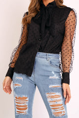 Black Mesh Polka Tie Detail Shirt - Vylette-Shirts
