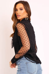 Black Mesh Polka Tie Detail Shirt - Vylette-Shirts