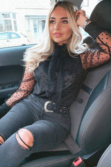 Black Mesh Polka Tie Detail Shirt - Vylette-Shirts