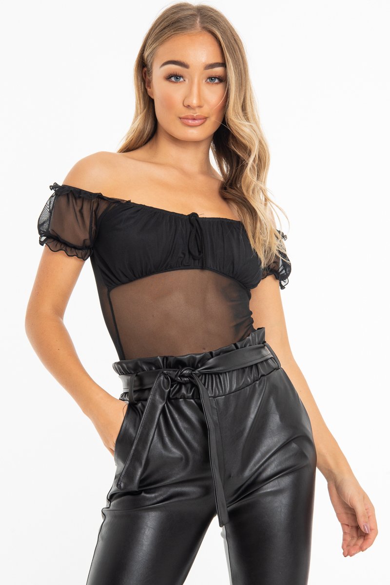 Black Mesh Puff Sleeve Tie Front Bodysuit - Suki-Bodysuits