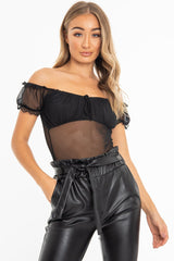 Black Mesh Puff Sleeve Tie Front Bodysuit - Suki-Bodysuits