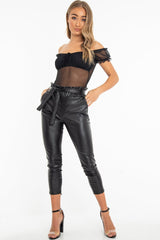 Black Mesh Puff Sleeve Tie Front Bodysuit - Suki-Bodysuits