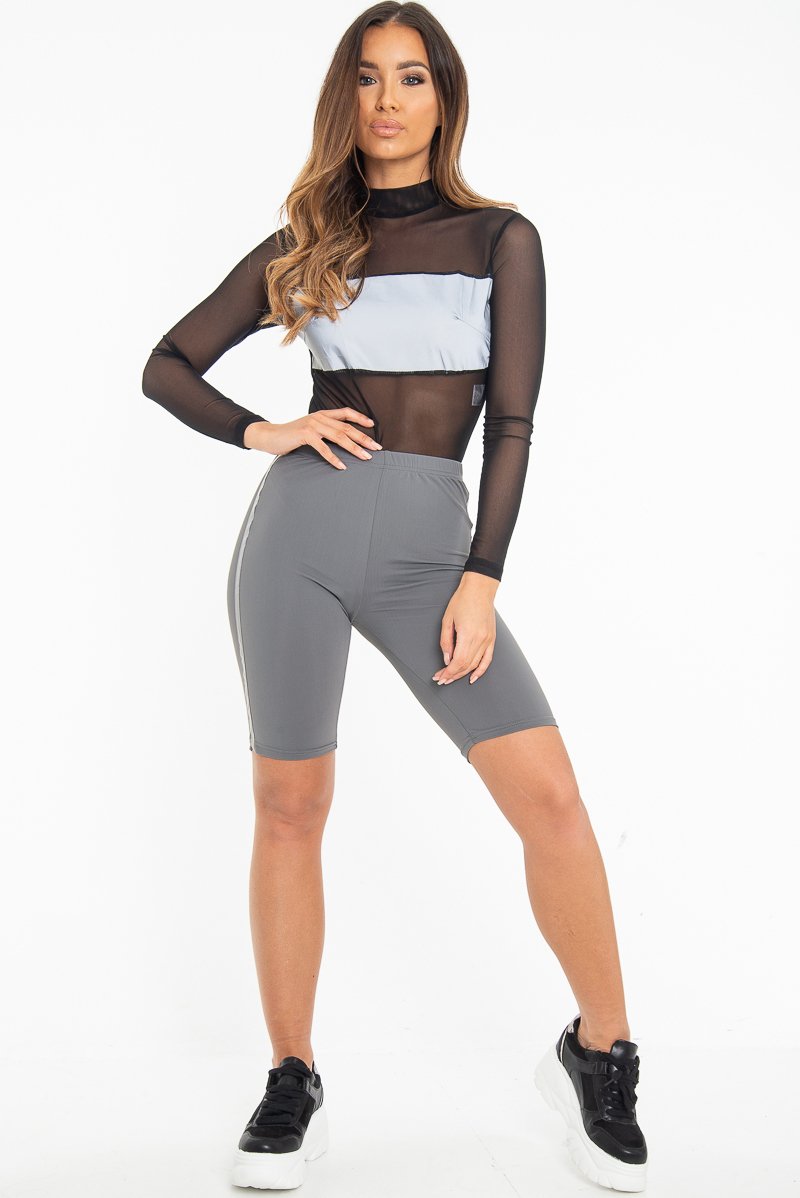 Black Mesh Reflective Insert Bodysuit - Kharis-Bodysuits