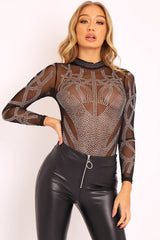 Black Mesh Rhinestone Embellished Bodysuit - Alayne-Bodysuits