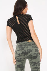 Black Mesh Ribbed Short Sleeved Bodysuit - Shai-Bodysuits