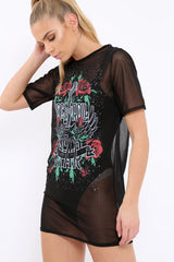 Black Mesh 'Rock & Roll Star' Graphic T-Shirt Dress - Margot-Dresses