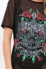 Black Mesh 'Rock & Roll Star' Graphic T-Shirt Dress - Margot-Dresses